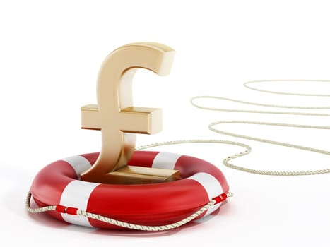 Golden pound symbol on lifebelt. 3D illustration.