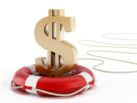 Golden dollar symbol on lifebelt. 3D illustration.