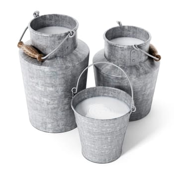 Metal bucket with milk isolated on white background. 3D illustration.