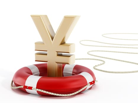 Golden yen symbol on lifebelt. 3D illustration.