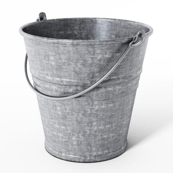 Empty metal bucket isolated on white background. 3D illustration.