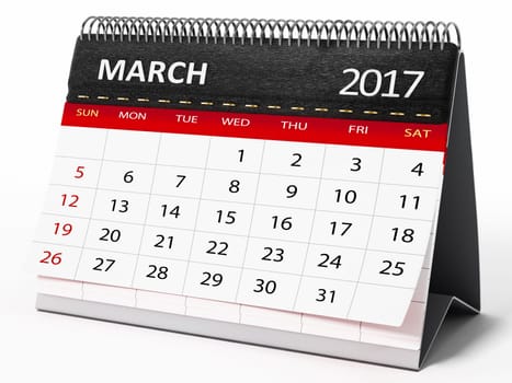 March 2017 desktop calendar isolated on white background. 3D illustration.