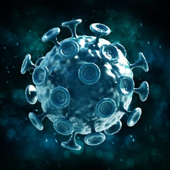 Green virus isolated on dark background. 3D illustration.