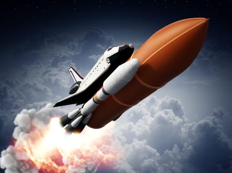 Rocket carrying space shuttle launches off. 3D illustration.