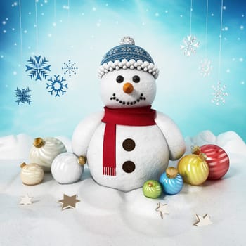 Snowman, Christmas ornaments and snowflakes on snow. 3D illustration.