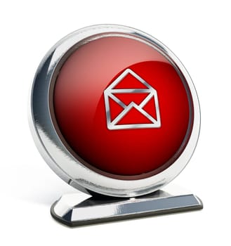 Glossy red button with open enveloppe symbol. 3D illustration.