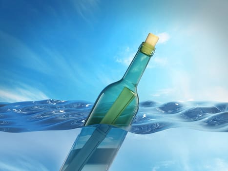 Message in a bottle floating on sea level. 3D illustration.