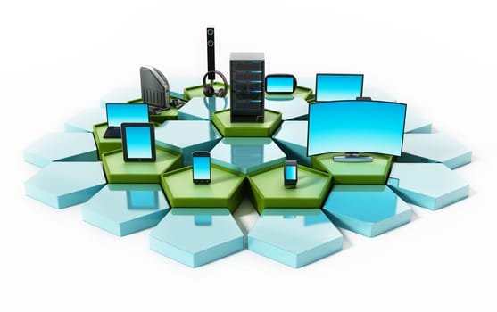 Network with pentagon tiles connecting electronic devices. 3D illustration.