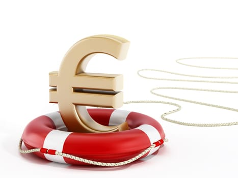 Golden euro symbol on lifebelt. 3D illustration.