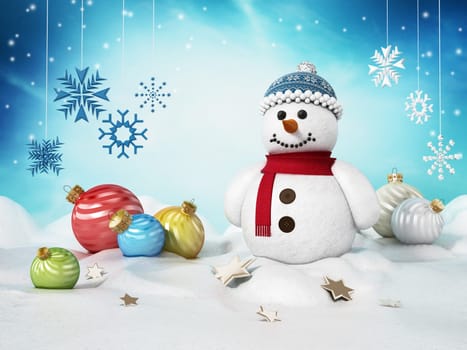 Snowman, Christmas ornaments and snowflakes on snow. 3D illustration.