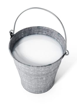 Metal bucket with milk isolated on white background. 3D illustration.