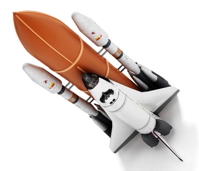 Rocket carrying space shuttle launches off. 3D illustration.