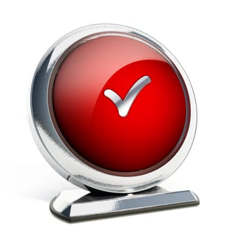 Glossy red button with checkmark symbol. 3D illustration.