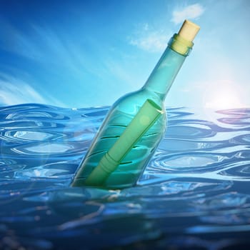 Message in a bottle floating on sea level. 3D illustration.