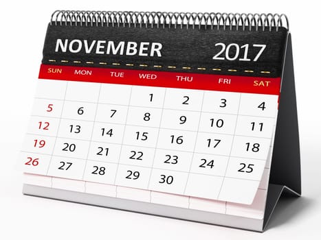 November 2017 desktop calendar isolated on white background. 3D illustration.