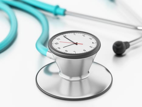 Clock connected to medical stethoscope. 3D illustration.