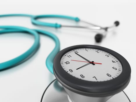 Clock connected to medical stethoscope. 3D illustration.