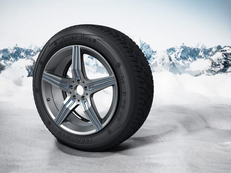 Winter tyre standing on snow. 3D illustration.