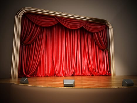 Theater stage with closed red curtain. 3D illustration.