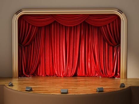 Theater stage with closed red curtain. 3D illustration.
