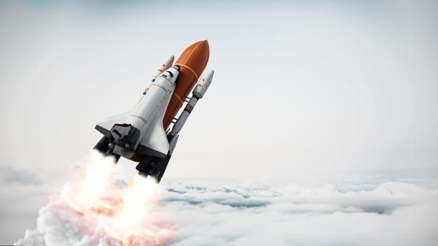 Rocket carrying space shuttle launches off. 3D illustration.