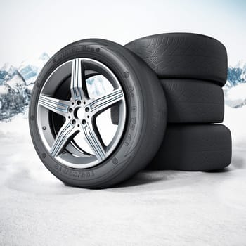 Winter tyres standing on snow. 3D illustration.