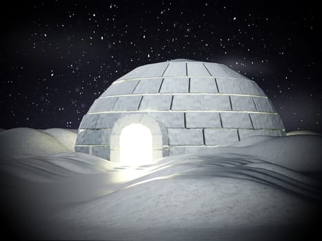 Igloo standing on snowy plane. 3D illustration.