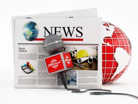 Newspaper, microphone and globe isolated on white background. 3D illustration.