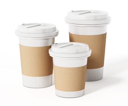 Various sized coffee cups isolated on white background. 3D illustration.