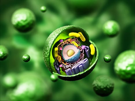 Animal cell anatomy on green background. 3D illustration.