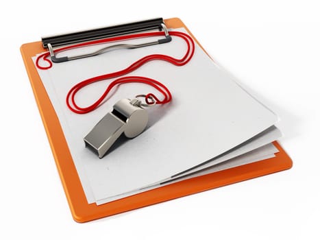 Sports whistle and empty pages isolated on white background. 3D illustration.