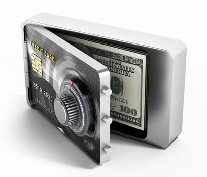 Half open credit card shaped steel safe. 3D illustration.