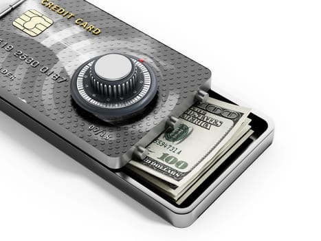 Half open credit card shaped steel safe. 3D illustration.