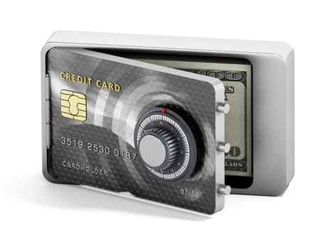Half open credit card shaped steel safe. 3D illustration.