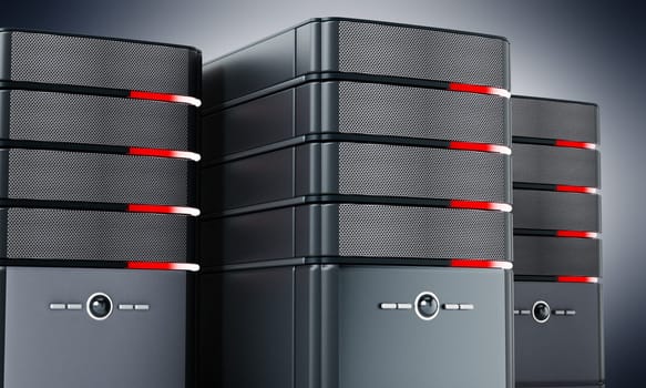 Black computer cases standing in a line.3D illustration.