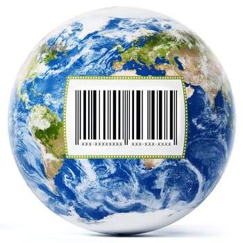 Earth with barcode label isolated on white background. 3D illustration.