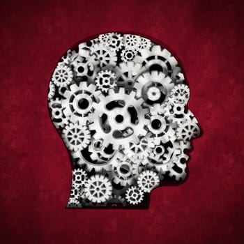 Metal cogs forming head shape. 3D illustration.