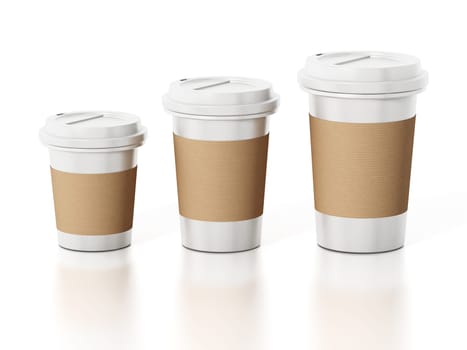 Various sized coffee cups isolated on white background. 3D illustration.
