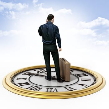 Businessman with a briefcase standing on the clock. 3D illustration.