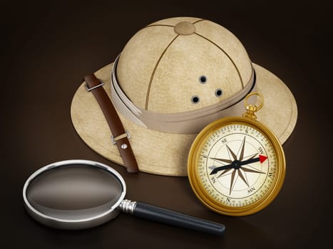 Explorer hat, magnifying glass and vintage compass isolated on white background. 3D illustration.