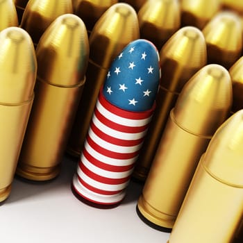 American flag textured bullet among yellow bullets. 3D illustration.