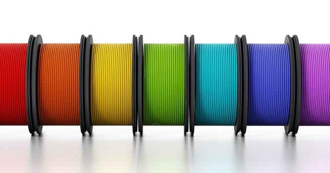 3D printer filaments isolated on white background. 3D illustration.