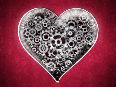 Metal cogs forming heart shape. 3D illustration.