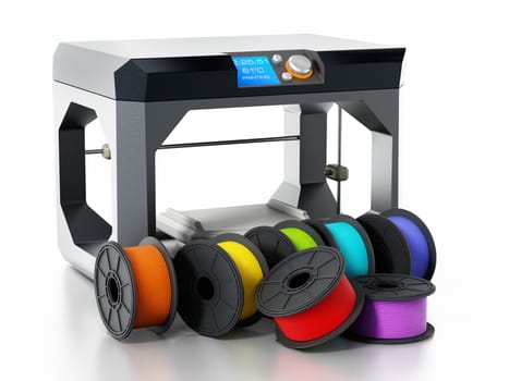 3D printer filaments beside printer isolated on white background. 3D illustration.