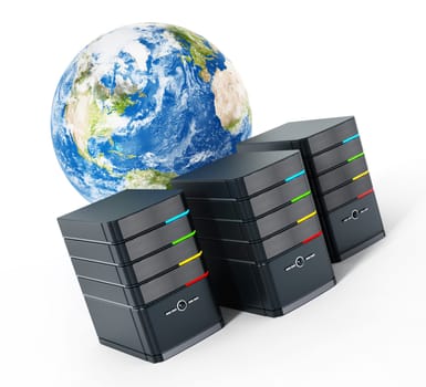 Black computer cases in front of the earth model. 3D illustration.