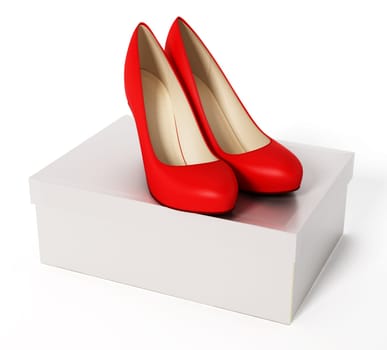 Women shoes and white box isolated on white background. 3d illustration.