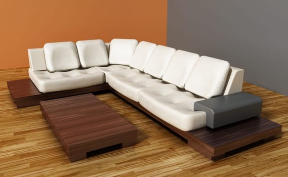 Modern and elegant sofa on parquet surface. 3D illustration.
