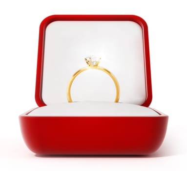 Diamond ring inside open red box. 3D illustration.