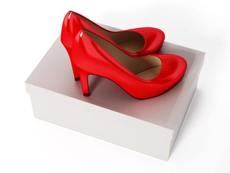 Women shoes and white box isolated on white background. 3d illustration.