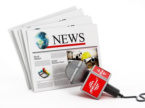 Newspaper and microphone isolated on white background. 3D illustration.